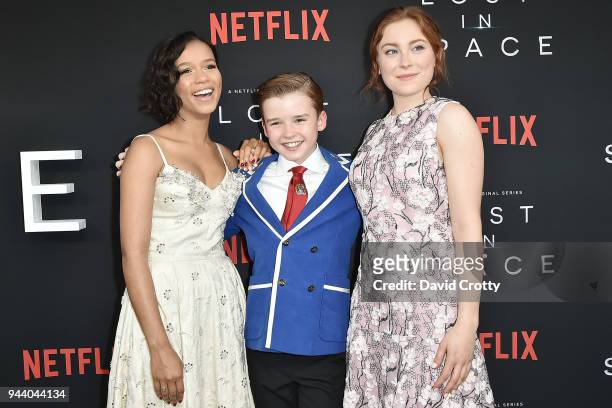 Taylor Russell, Maxwell Jenkins and Mina Sundwall attend the "Lost In Space" Season 1 Premiere at ArcLight Cinerama Dome on April 9, 2018 in...