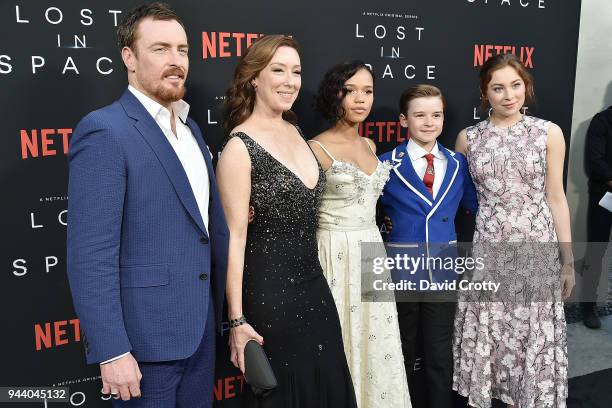 Toby Stephens, Molly Parker, Taylor Russell, Maxwell Jenkins and Mina Sundwall attend the "Lost In Space" Season 1 Premiere at ArcLight Cinerama Dome...