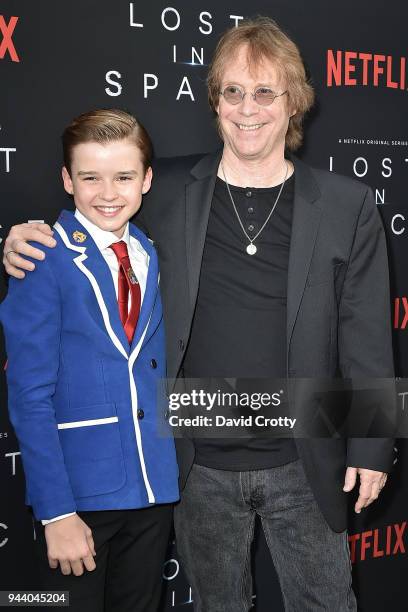 Maxwell Jenkins and Bill Mumy attend the "Lost In Space" Season 1 Premiere at ArcLight Cinerama Dome on April 9, 2018 in Hollywood, California.