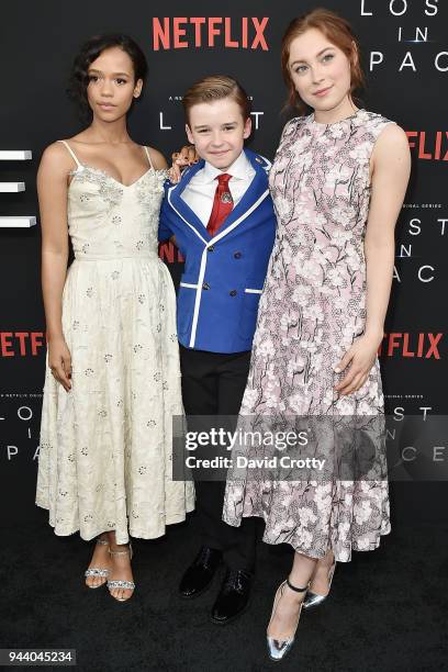 Taylor Russell, Maxwell Jenkins and Mina Sundwall attend the "Lost In Space" Season 1 Premiere at ArcLight Cinerama Dome on April 9, 2018 in...