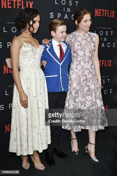 Taylor Russell, Maxwell Jenkins and Mina Sundwall attend the "Lost In Space" Season 1 Premiere at ArcLight Cinerama Dome on April 9, 2018 in...