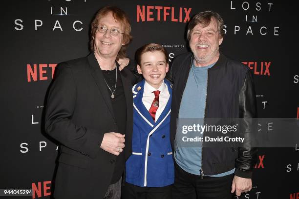 Bill Mumy, Maxwell Jenkins and Mark Hamill attend the "Lost In Space" Season 1 Premiere at ArcLight Cinerama Dome on April 9, 2018 in Hollywood,...