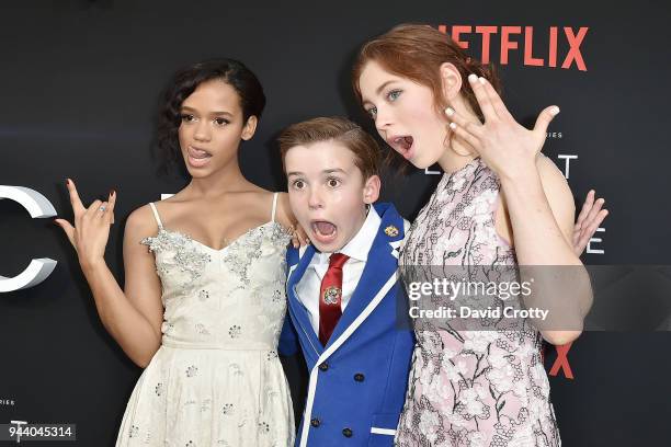 Taylor Russell, Maxwell Jenkins and Mina Sundwall attend the "Lost In Space" Season 1 Premiere at ArcLight Cinerama Dome on April 9, 2018 in...