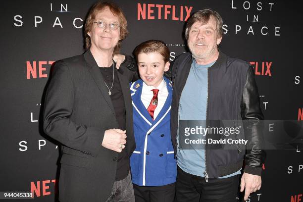 Bill Mumy, Maxwell Jenkins and Mark Hamill attend the "Lost In Space" Season 1 Premiere at ArcLight Cinerama Dome on April 9, 2018 in Hollywood,...