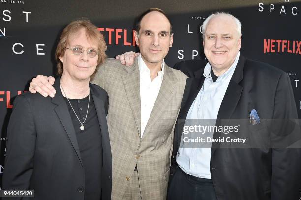 Billy Mumy, Jon Jashni and Kevin Burns attend the "Lost In Space" Season 1 Premiere at ArcLight Cinerama Dome on April 9, 2018 in Hollywood,...