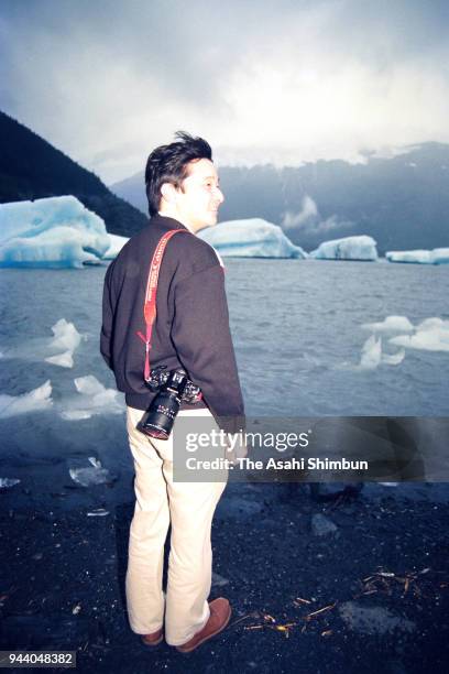 Crown Prince Naruhito visits the Portage Glacier on way back from Belgium on August 25, 1990 in Alaska.