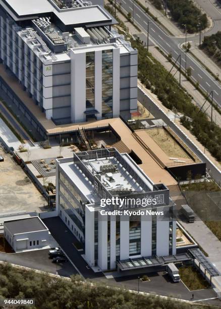 Photo taken from a Kyodo News helicopter on April 2, 2018 shows Okayama University of Science's veterinary department in Imabari, Ehime Prefecture....