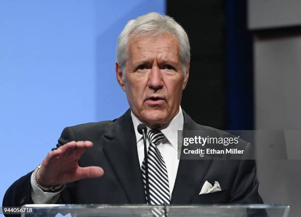 Jeopardy!" host Alex Trebek speaks as he is inducted into the National Association of Broadcasters Broadcasting Hall of Fame during the NAB...