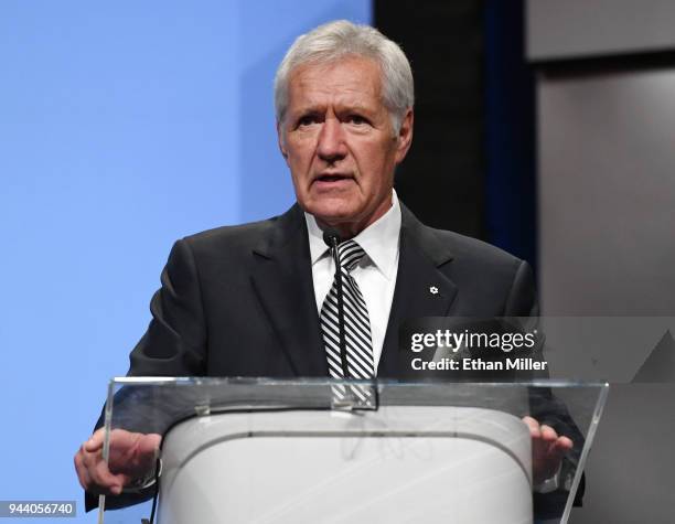 Jeopardy!" host Alex Trebek speaks as he is inducted into the National Association of Broadcasters Broadcasting Hall of Fame during the NAB...