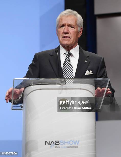 Jeopardy!" host Alex Trebek speaks as he is inducted into the National Association of Broadcasters Broadcasting Hall of Fame during the NAB...