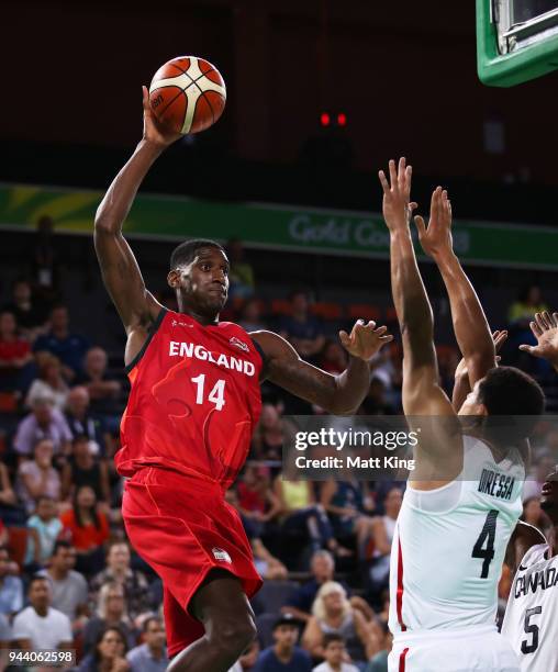 Robert Gilchrist of England shoots during the Qualifying Final Basketball match between Canada and England on day six of the Gold Coast 2018...
