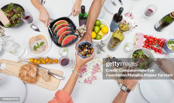 overhead view of friends enjoying garden party lunch on patio table - fruits table top imagens e fotografias de stock