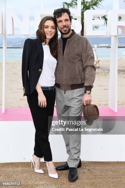 Miriam Dalmazio and Francesco Montanari attend "Il Cacciatore" Photocall during the 1st Cannes International Series Festival on April 10, 2018 in...