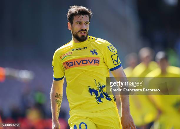 Nenad Tomovic of AC Chievo Verona in action during the serie A match between SSC Napoli and AC Chievo Verona at Stadio San Paolo on April 8, 2018 in...