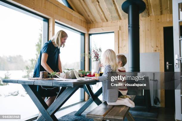 mother with two child using watercolour paints during christmas - cottage imagens e fotografias de stock