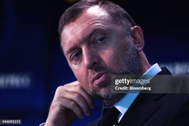 Oleg Deripaska, Russian billionaire and president of United Co. Rusal, pauses on the Bloomberg Television debate panel during the St. Petersburg...