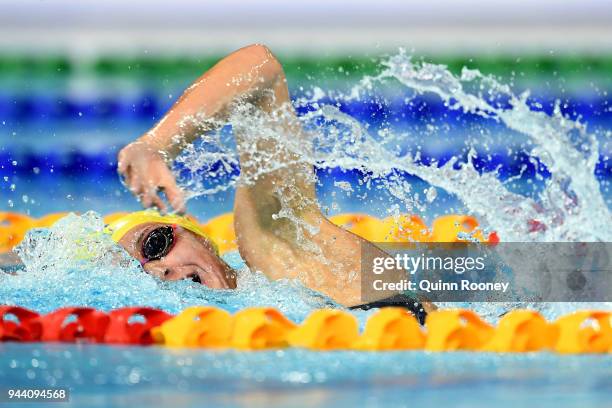 Ariarne Titmus of Australia competes during the Women's 400m Freestyle Final on day six of the Gold Coast 2018 Commonwealth Games at Optus Aquatic...