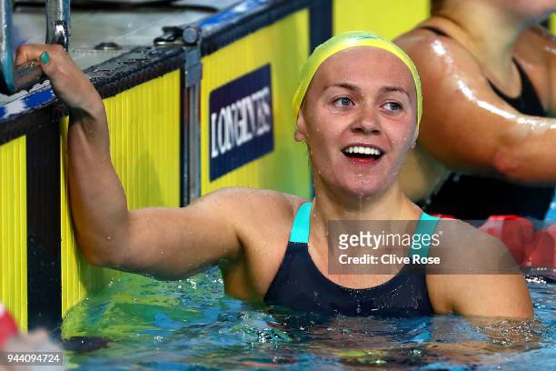 Ariarne Titmus of Australia smiles following victory in the Women's 400m Freestyle Final on day six of the Gold Coast 2018 Commonwealth Games at...