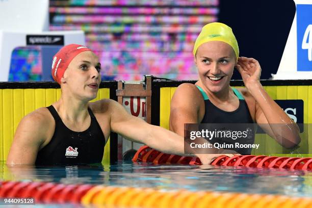 Ariarne Titmus of Australia smiles following victory in the Women's 400m Freestyle Final on day six of the Gold Coast 2018 Commonwealth Games at...