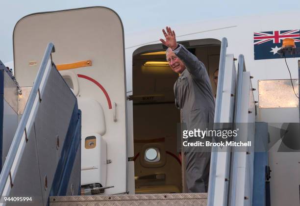 Prince Charles, Prince of Wales, departs Darwin and Australia from the RAAF Military base in Darwin on April 10, 2018. The Prince of Wales and...