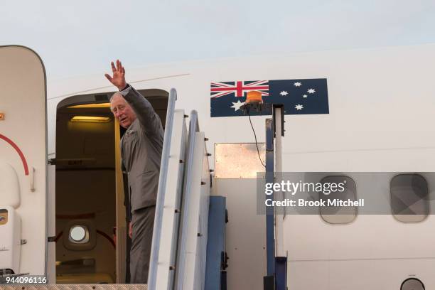 Prince Charles, Prince of Wales, departs Darwin and Australia from the RAAF Military base in Darwin on April 10, 2018. The Prince of Wales and...