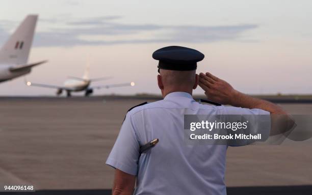 Officers see off Prince Charles, The Prince of Wales on April 10, 2018 in Darwin, Australia. The Prince of Wales and Duchess of Cornwall are on a...