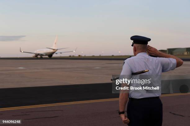 Officers see off Prince Charles, The Prince of Wales on April 10, 2018 in Darwin, Australia. The Prince of Wales and Duchess of Cornwall are on a...