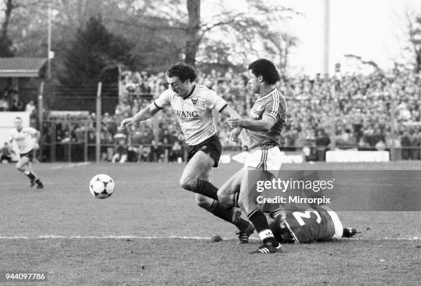 English League Division One match at The Manor Ground, Oxford United 2 v Manchester United 0, United defender Paul McGrath tries to stop Oxford's...