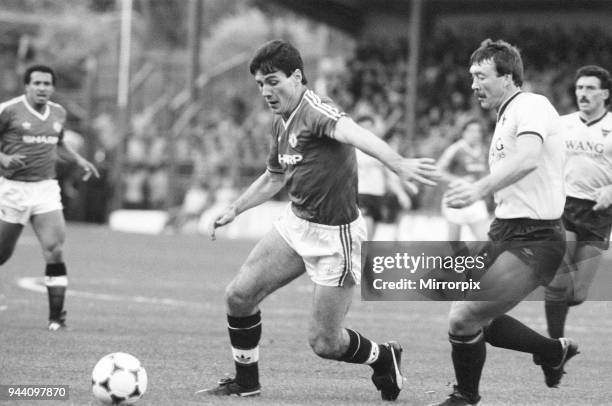 English League Division One match at The Manor Ground, Oxford United 2 v Manchester United 0, United's Frank Stapleton on the ball challenged by...