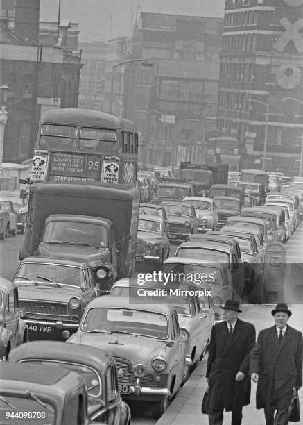 Traffic built up South of the River Thames on Southwark Bridge. Normally cars are not allowed to stop, but this day people parked and walked due to...