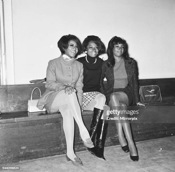 Mary WIlson, Diana Ross and Cindy Birdsong of The Supremes arrive at Heathrow airport today from Nice for a season at Talk of the Town and television...