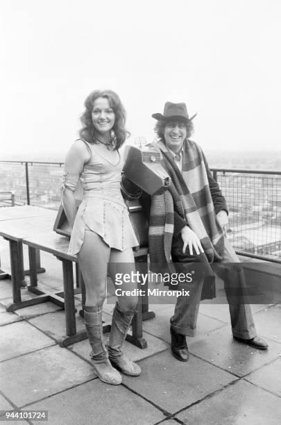 Doctor Who, actor Tom Baker - the 4th Doctor - pictured with assistant Leela played by actress Louise Jameson, the Doctors first alien companion &...