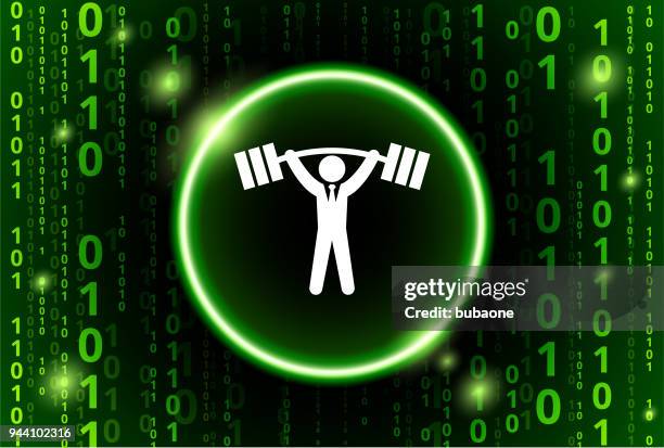 businessman lifting weights binary code vector pattern background - virtual exercise stock illustrations