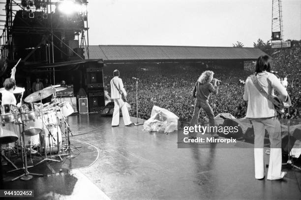 The Who rock group performing at The Valley, home of Charlton Athletic football club. Pictured left to right are: Keith Moon on drums, Pete...