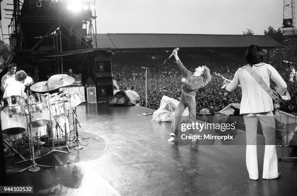 The Who rock group performing at The Valley, home of Charlton Athletic football club. Pictured left to right are: Pete Townshend, Keith Moon on...