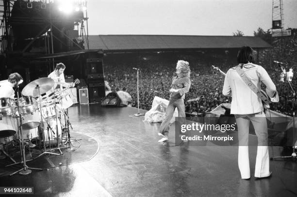 The Who rock group performing at The Valley, home of Charlton Athletic football club. Pictured left to right are: Keith Moon on drums, Pete...