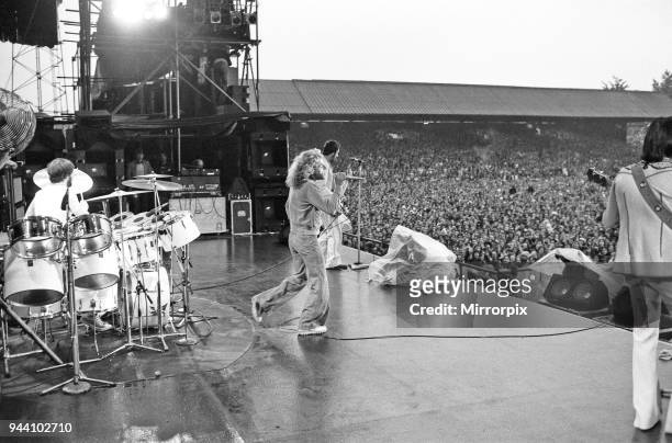 The Who rock group performing at The Valley, home of Charlton Athletic football club. Pictured left to right are: Keith Moon on drums, singer Roger...