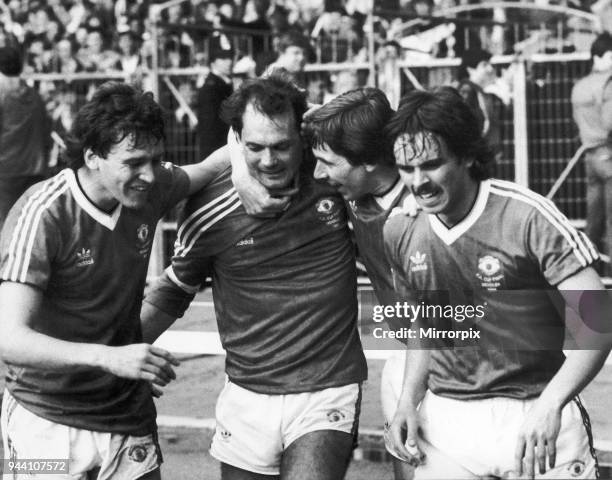 Cup Final at Wembley Stadium, Manchester United 2 v Brighton and Hove Albion 2, Congratulations for scorer Ray Wilkins from Bryan Robson, Arnold...