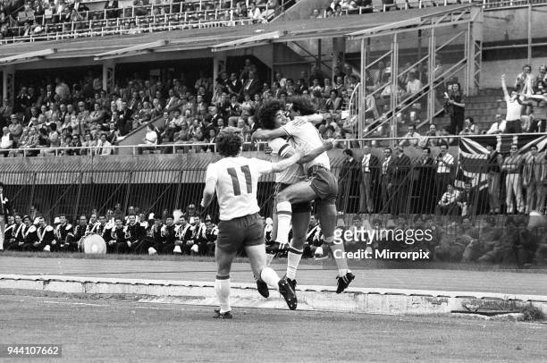 Belgium v England, European Championship Match, Group Stage, Group 2, Delle Alpi, Turin, Italy, 12th June 1980. Ray Wilkins celebrates after scoring...