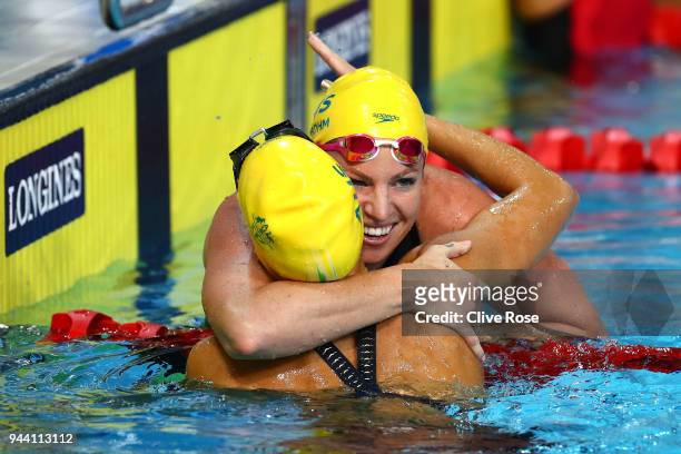 Emily Seebohm of Australia celebrates victory in the Women's 50m Backstroke Final on day six of the Gold Coast 2018 Commonwealth Games at Optus...