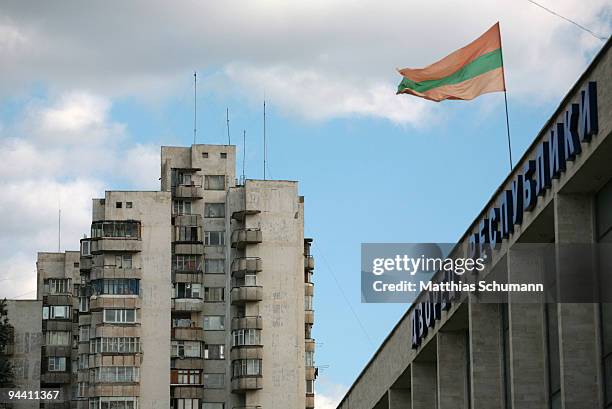 The Transnistrian flag waves from the roof of the Palace of Republic on October 19, 2008 in Tiraspol, Moldova. Tiraspol is the second largest city in...