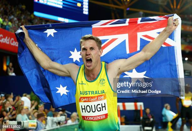 Bronze medalist Nicholas Hough of Australia celebrates after the Men's 110 hurdles final during the Athletics on day six of the Gold Coast 2018...