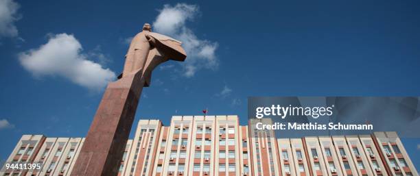 The statue of Lenin enthroned above the Transnistrian Government building October 19, 2008 in Tiraspol in the Transnistrian region in Moldova....