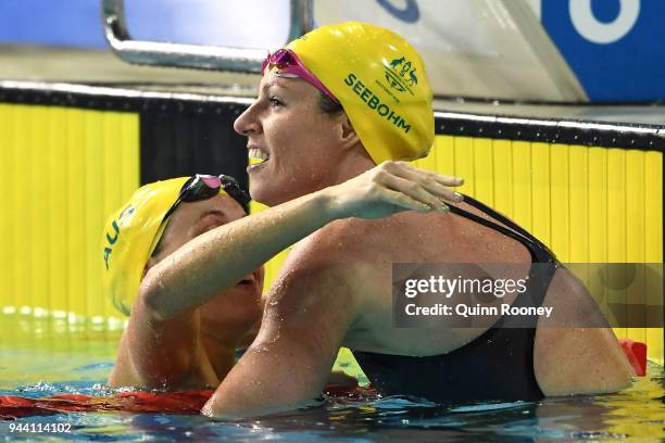 Emily Seebohm of Australia celebrates victory in the Women's 50m Backstroke Final on day six of the Gold Coast 2018 Commonwealth Games at Optus...