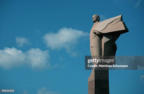 The statue of Lenin enthroned October 19, 2008 above the Transnistrian Government building in Tiraspol in the Transnistrian region in Moldova....
