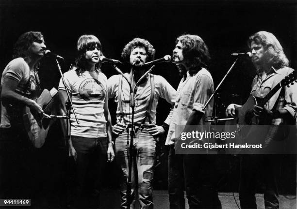 Joe Walsh, Randy Meisner, Don Henley, Glenn Frey and Don Felder of The Eagles perform on stage at Ahoy on May 11th 1977 in Rotterdam, Netherlands.