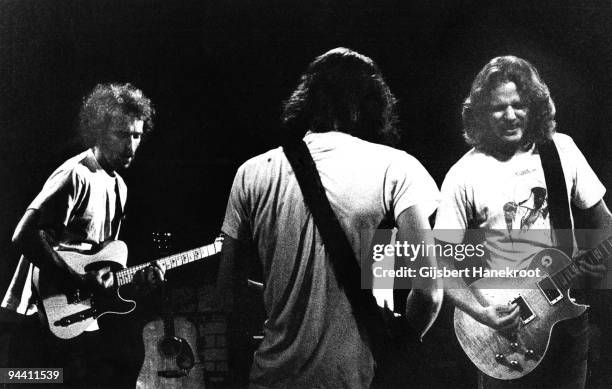 Bernie Leadon, Glenn Frey and Don Felder of The Eagles perform on stage c 1974 in United States.