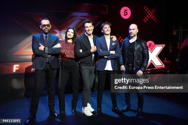 Risto Mejide, Laura Pausini, Jesus Vazquez, Xavi Martinez and Fernando Montesinos attend 'Factor X' Tv show presentation at Mediaset on April 9, 2018...