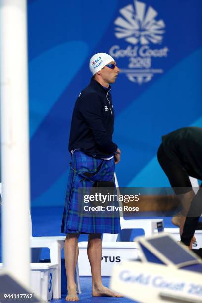 Daniel Wallace of Scotland looks on prior to the Men's 200m Individual Medley Final on day six of the Gold Coast 2018 Commonwealth Games at Optus...