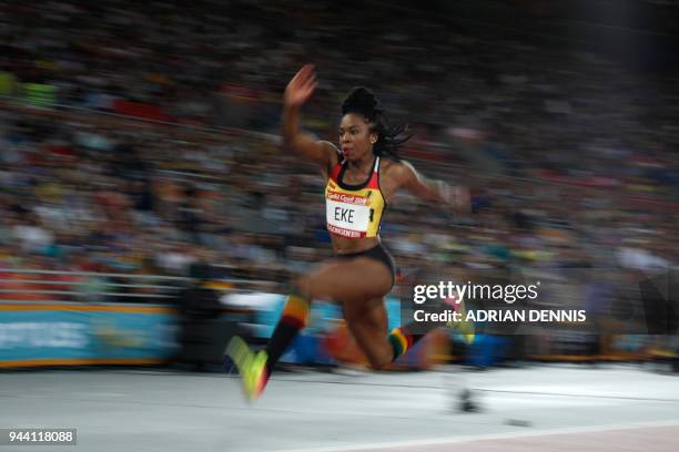 Ghana's Nadia Eke competes in the athletics women's triple jump final during the 2018 Gold Coast Commonwealth Games at the Carrara Stadium on the...